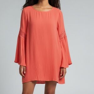 Double Zero coral embroidered lace bell sleeve Boho western linen shift dress